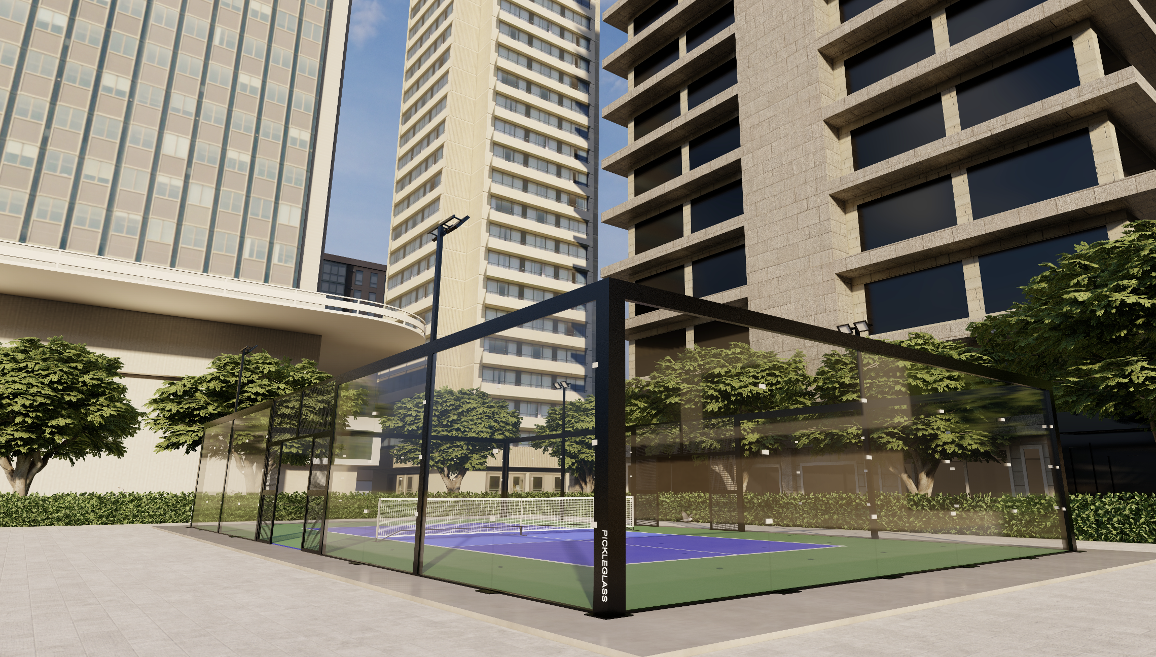 pickleball courts with glass fencing at apartment buildings